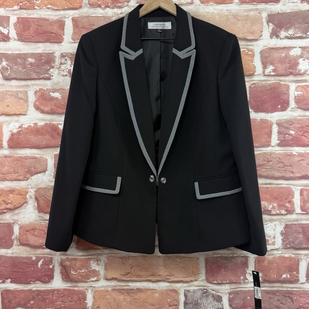 Tahari ASL Blazer Womens 18 Black White Tuxedo Trim Career Work Office Jacket